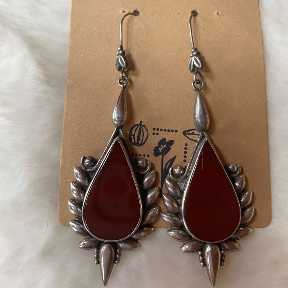 3” Vintage  925 Sterling Silver Artisan Teardrop Red Stone Dangle Earrings